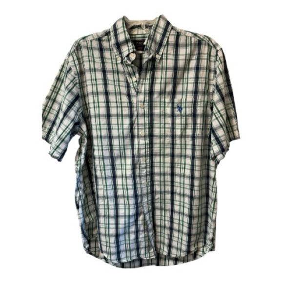 U.S. Polo Assn. Men's Green and Navy Plaid Shirt - Picture 2 of 5